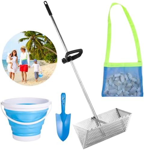 Kit de 4 Piese pentru Racletă de Nisip – Sifter din Oțel Inoxidabil cu Dinți Ascuțiți, Racletă de Nisip cu Mâner Detasabil de 47 Inch, Sifter pentru Crabi de Nisip Pliabil cu Sac de Plajă pentru Nisip  |  Greble Greble Greble